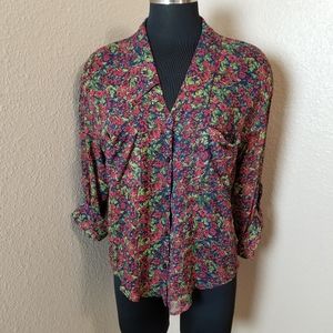 Free People Button Front Floral Semi Sheer Blouse
